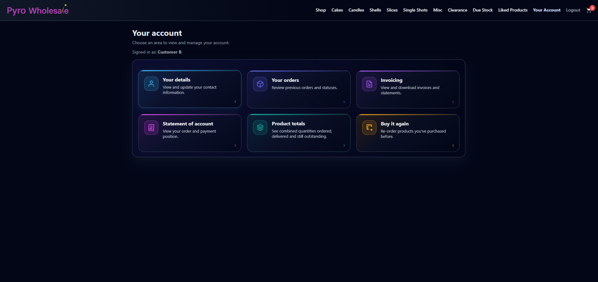 Pyro Wholesale customer account dashboard